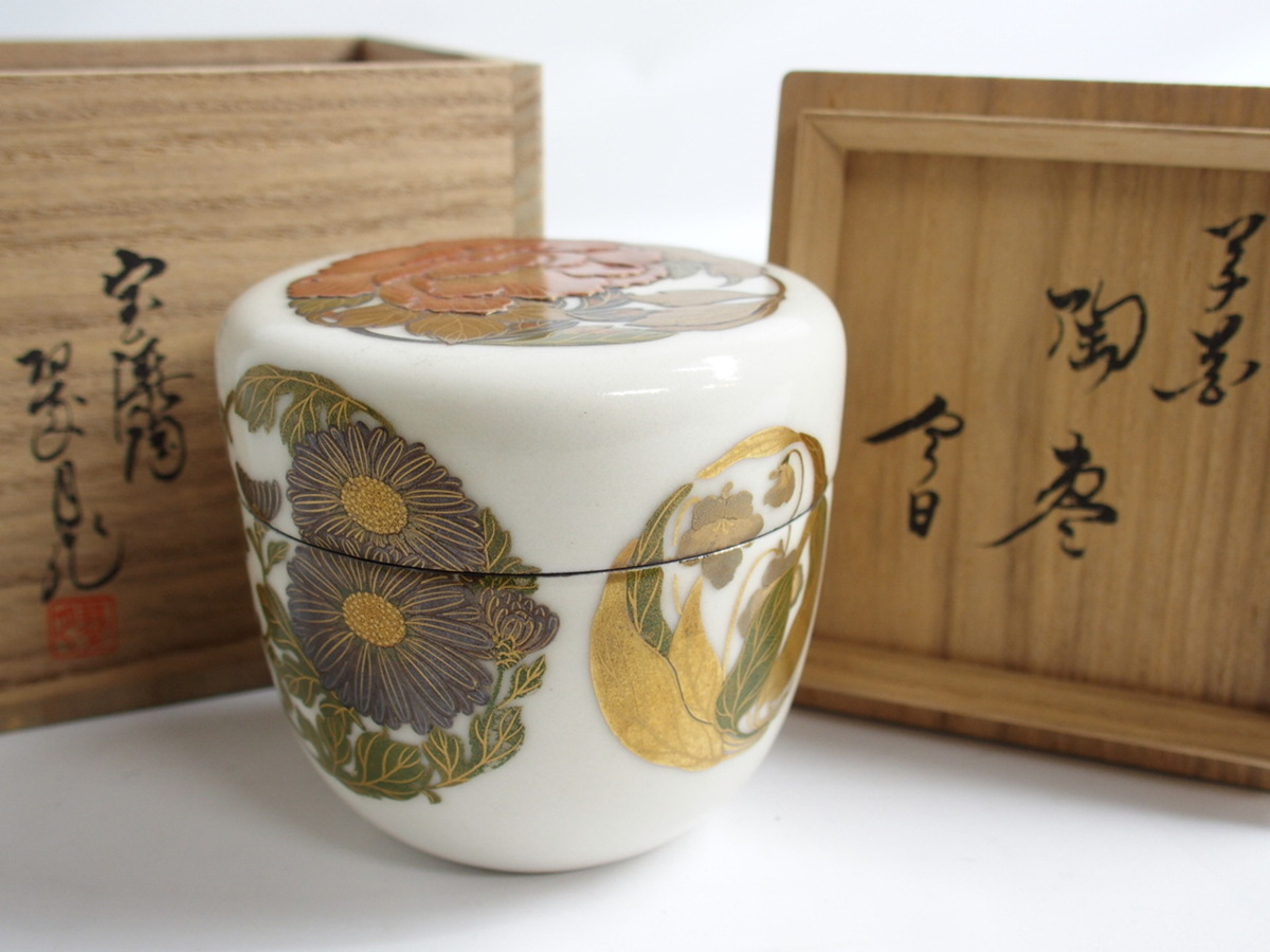 美品 宝漆陶 翠月 草文蒔絵 四季草花 陶棗 鵬雲斎書付 花押 煎茶道具 桐箱 骨董品 古玩 f001 鵬雲斎宗匠御書付漆匠二代 山下甫斎作 芦に鷺蒔絵